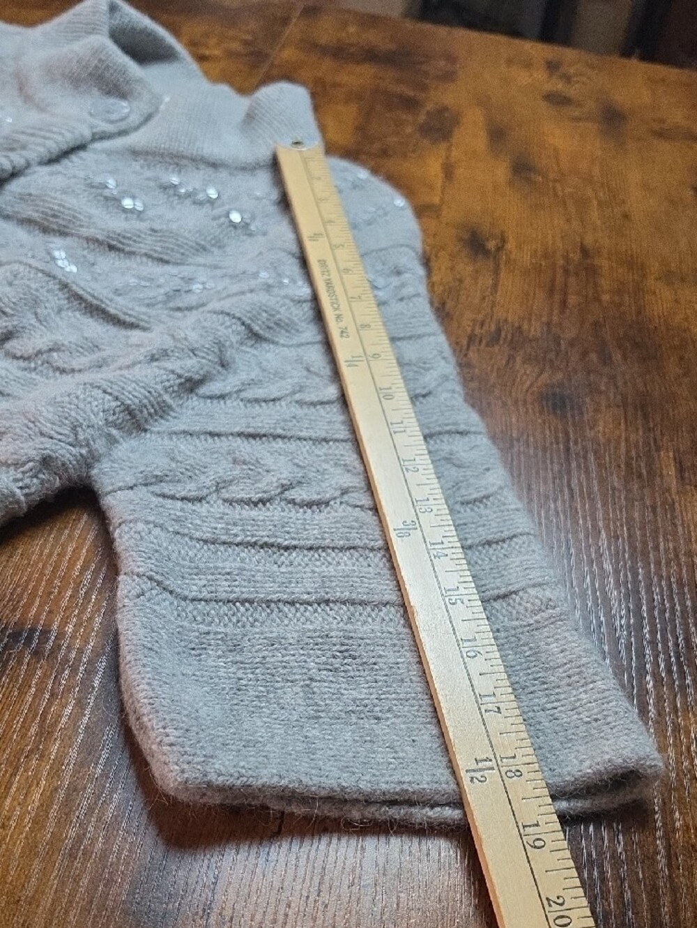 COLDWATER CREEK | Gray Taupe Wool Rabbit Hair Sequin Cable Knit Cardigan | XL - Picture 6 of 9